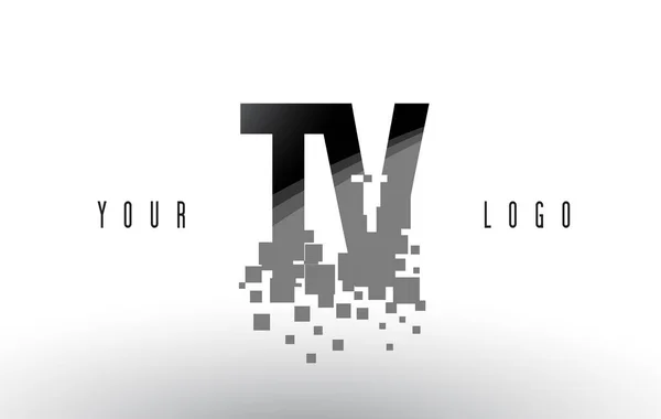 Logo de letra de píxel de TV T V con cuadrados negros destrozados digitales — Vector de stock