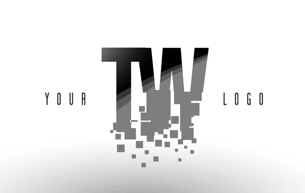 Logo lettera TW T W Pixel con quadrati neri frantumati digitali — Vettoriale Stock