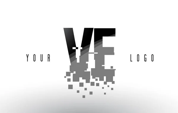 Ve V E Pixel brief Logo met digitale verbrijzeld zwarte vierkantjes — Stockvector