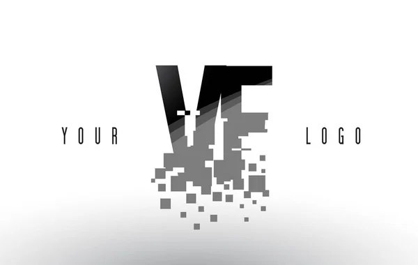 VF V F Pixel brief Logo met digitale verbrijzeld zwarte vierkantjes — Stockvector