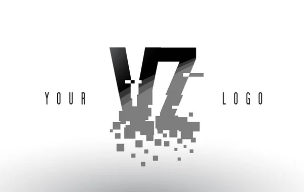 Logo della lettera VZ V Z Pixel con quadrati neri frantumati digitali — Vettoriale Stock