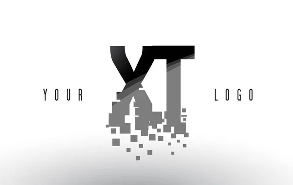 XT X T Pixel brief Logo met digitale verbrijzeld zwarte vierkantjes — Stockvector