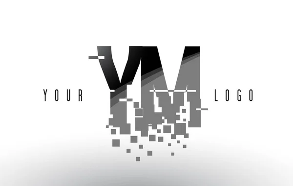 Logo de la letra del pixel de YM Y M con cuadrados negros destrozados digitales — Vector de stock