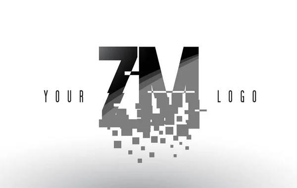 Logotipo de letra de píxel ZM Z M con cuadrados negros destrozados digitales — Vector de stock