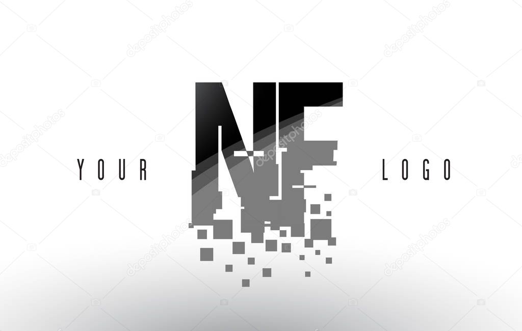 NF N F Pixel Letter Logo with Digital Shattered Black Squares 