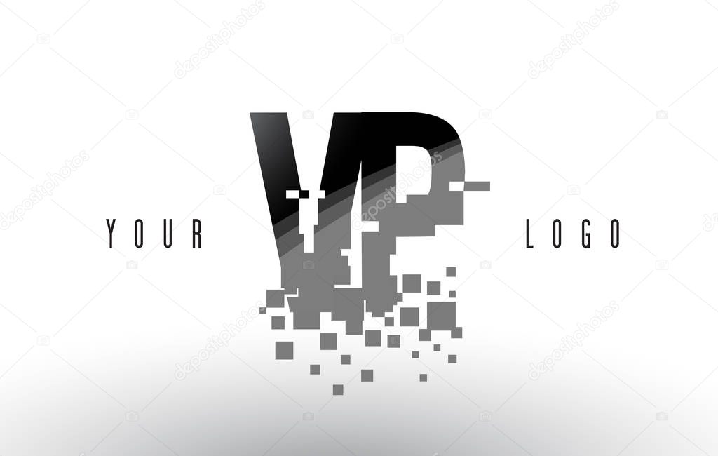 VP V P Pixel Letter Logo with Digital Shattered Black Squares 