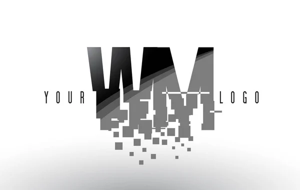 Logo de letra de píxel WM W M con cuadrados negros destrozados digitales — Vector de stock