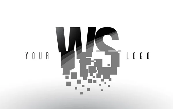 WS W S Pixel Letra Logo con Cuadrados Negros Destruidos Digitales — Vector de stock