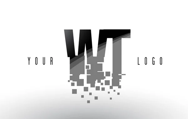 Logo de letra de píxel WT W T con cuadrados negros destrozados digitales — Vector de stock