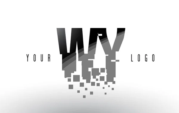 Logo de letra de píxel WY W Y con cuadrados negros destrozados digitales — Vector de stock