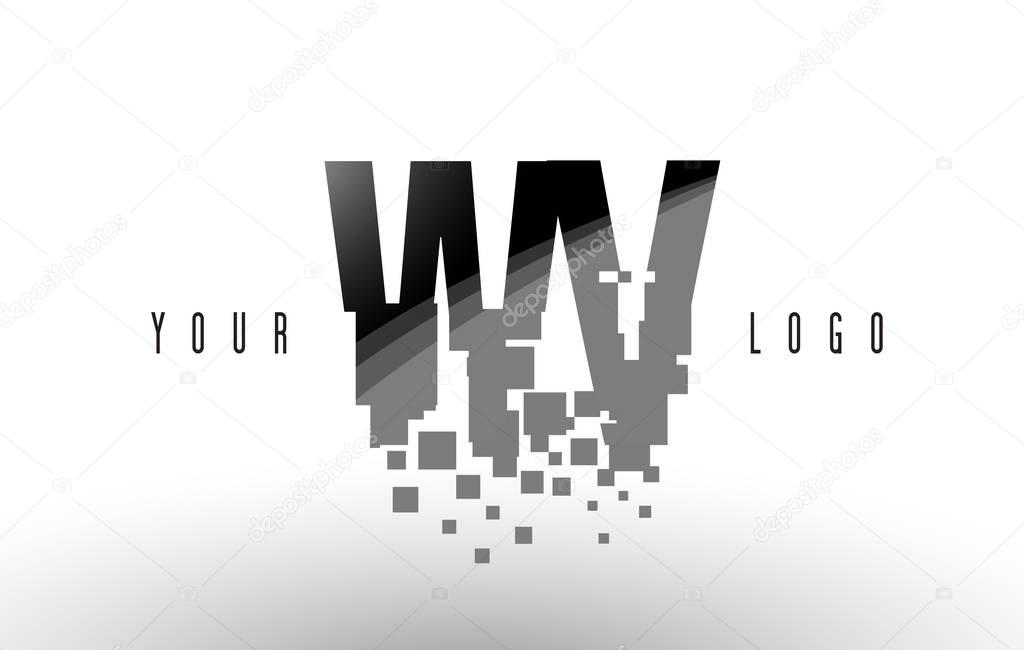 WV W V Pixel Letter Logo with Digital Shattered Black Squares 