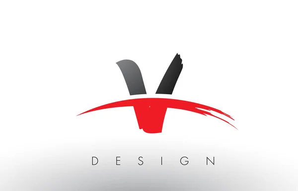 V brush Logo Buchstaben mit roter und schwarzer Swoosh Pinsel Front — Stockvektor