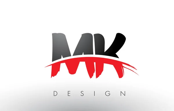 MK M K Brush Logo Letters with Red and Black Swoosh Brush Front — Stock Vector