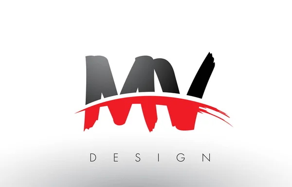 MV M V Cepillo Logo Cartas con rojo y negro Swoosh cepillo frontal — Vector de stock