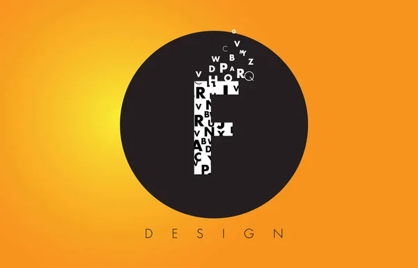 Logotipo F hecho de letras pequeñas con círculo negro y respaldo amarillo — Archivo Imágenes Vectoriales