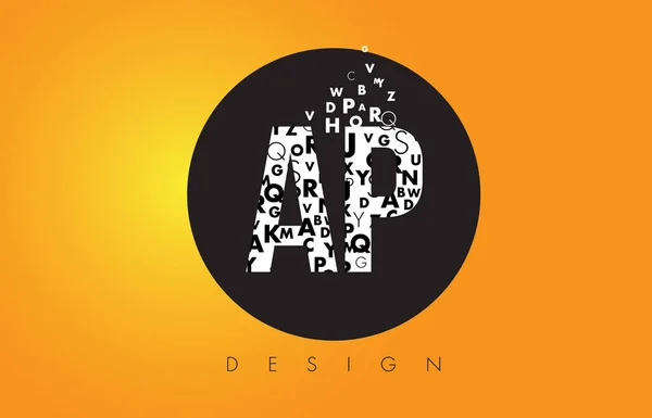 Logo AP A P hecho de letras pequeñas con círculo negro y amarillo B — Vector de stock