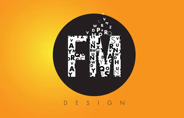 Logotipo FM F M hecho de letras pequeñas con círculo negro y amarillo B — Vector de stock