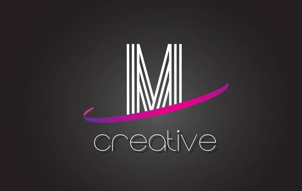 Логотип M Letter с дизайном линий и фиолетовым Swoosh . — стоковый вектор