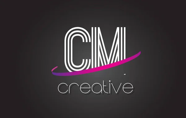 Logo carta CM C M con líneas de diseño y swoosh púrpura . — Vector de stock