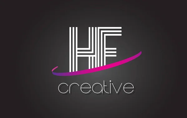 Logotipo de letra HF H F con diseño de líneas y swoosh púrpura . — Vector de stock