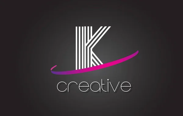 Ik ik K brief Logo met lijnen ontwerp en paars Swoosh. — Stockvector