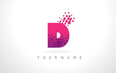 D harfi logolu pembe mor renk ve parçacıklar noktalar teması.