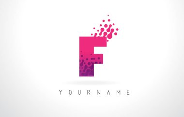 F harfi logolu pembe mor renk ve parçacıklar noktalar teması.