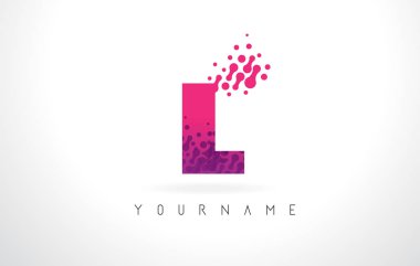 L harfi logolu pembe mor renk ve parçacıklar noktalar teması.