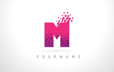 M harfi logolu pembe mor renk ve parçacıklar noktalar teması.