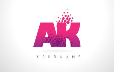 AK bir K harfi logolu pembe mor renk ve parçacıklar nokta Des