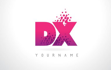 Pembe mor renk ve parçacıklar DX D X harfi logolu Des nokta