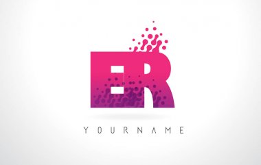 Pembe mor renk ve parçacıklar er E R harfi logolu Des nokta