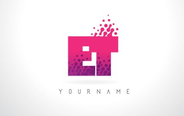 Pembe mor renk ve parçacıklar et E T harfi logolu Des nokta