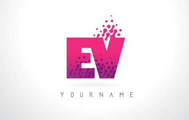 Pembe mor renk ve parçacıklar nokta Des ev E V harfi logolu