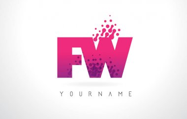 Pembe mor renk ve parçacıklar FW F W harfi logolu Des nokta