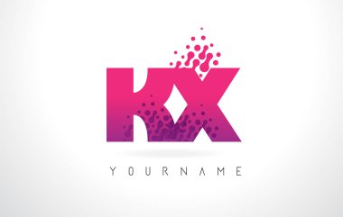 Pembe mor renk ve parçacıklar ile Kx K X harfi Logo Des nokta