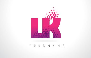 Lk L K harfi logolu pembe mor renk ve parçacıklar Des nokta