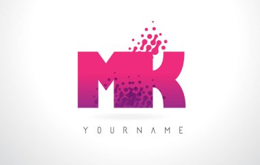 Pembe mor renk ve parçacıklar MK M K harfi logolu Des nokta