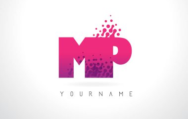 Pembe mor renk ve parçacıklar MP M P harfi logolu Des nokta