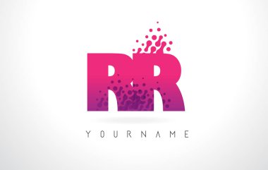Pembe mor renk ve parçacıklar RR R harfi logolu Desig nokta
