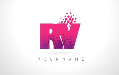 Pembe mor renk ve parçacıklar RV R V harfi logolu Des nokta
