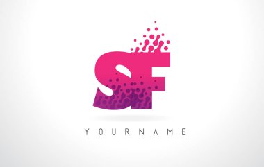 Des SF S F harf Logo pembe mor renk ve parçacıklar nokta