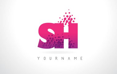 Sh S H harfi Logo pembe mor renk ve parçacıklar nokta Des