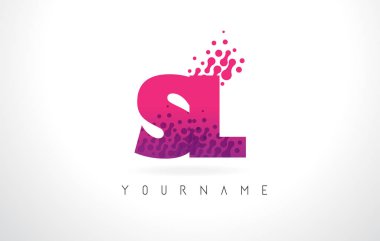 Pembe mor renk ve parçacıklar SL S L harfi logolu Des nokta
