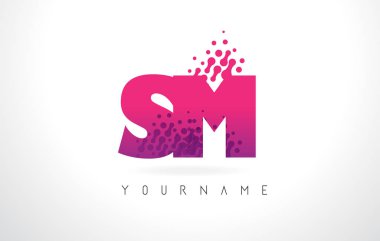 Pembe mor renk ve parçacıklar SM S M harfi logolu Des nokta