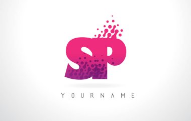 Pembe mor renk ve parçacıklar SP S P harfi logolu Des nokta