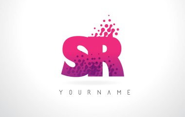 Pembe mor renk ve parçacıklar SR S R harfi logolu Des nokta