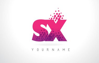 Pembe mor renk ve parçacıklar SX S X harfi logolu Des nokta