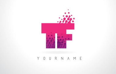 Des tf T F harf Logo pembe mor renk ve parçacıklar nokta