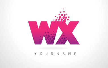 Pembe mor renk ve parçacıklar WX W X harfi logolu Des nokta